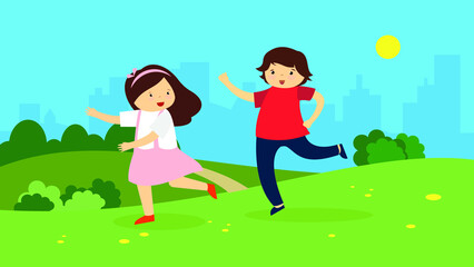 Children run in the city park