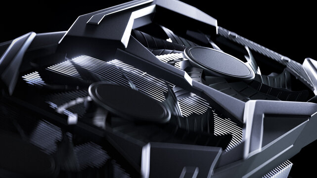 3d render of modern graphics or video card for gamer or crypto mining with hard edges and fans industrial design with black dark elegant lighting and studio light for dramatic close up visualization