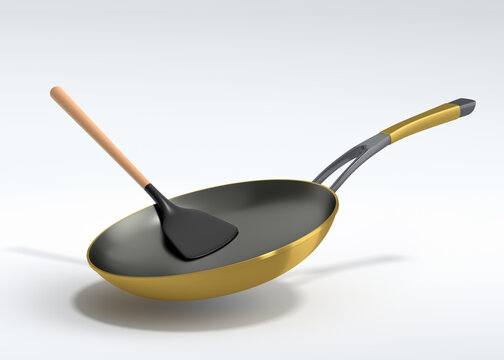 Frying pan with glass lid and silicon solid turner on white background.