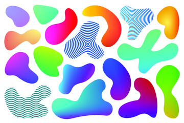 Vibrant abstract organic design elements. Colorful gradient blotch shapes. Set of liquid irregular shapes isolated on white shapes, abstract vector design elements.