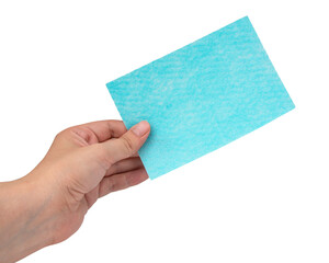 Blue card textured felt in hand isolated on the white background