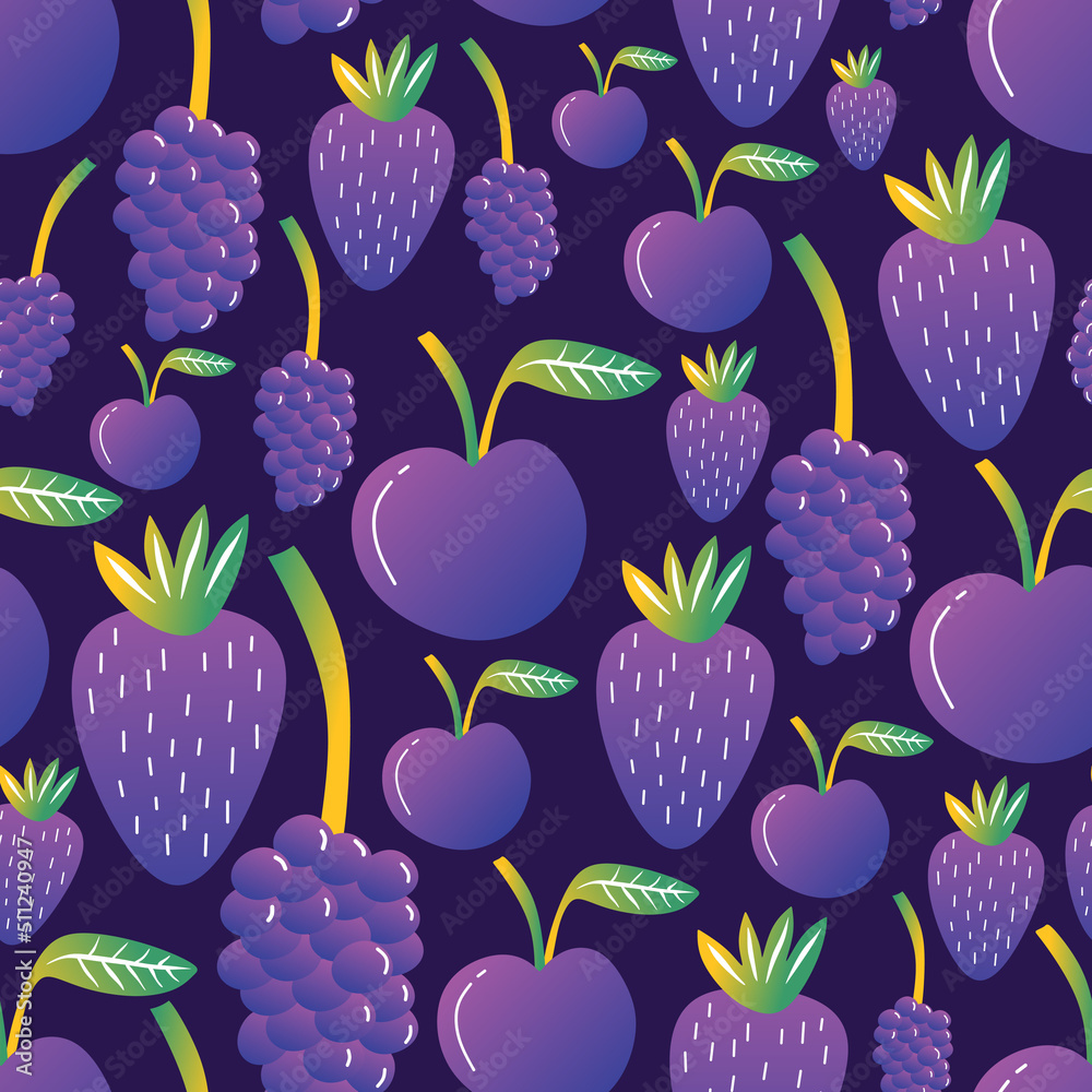 Wall mural blue fruit seamless pattern with grape, blackberries and blueberry isolated on purple background.