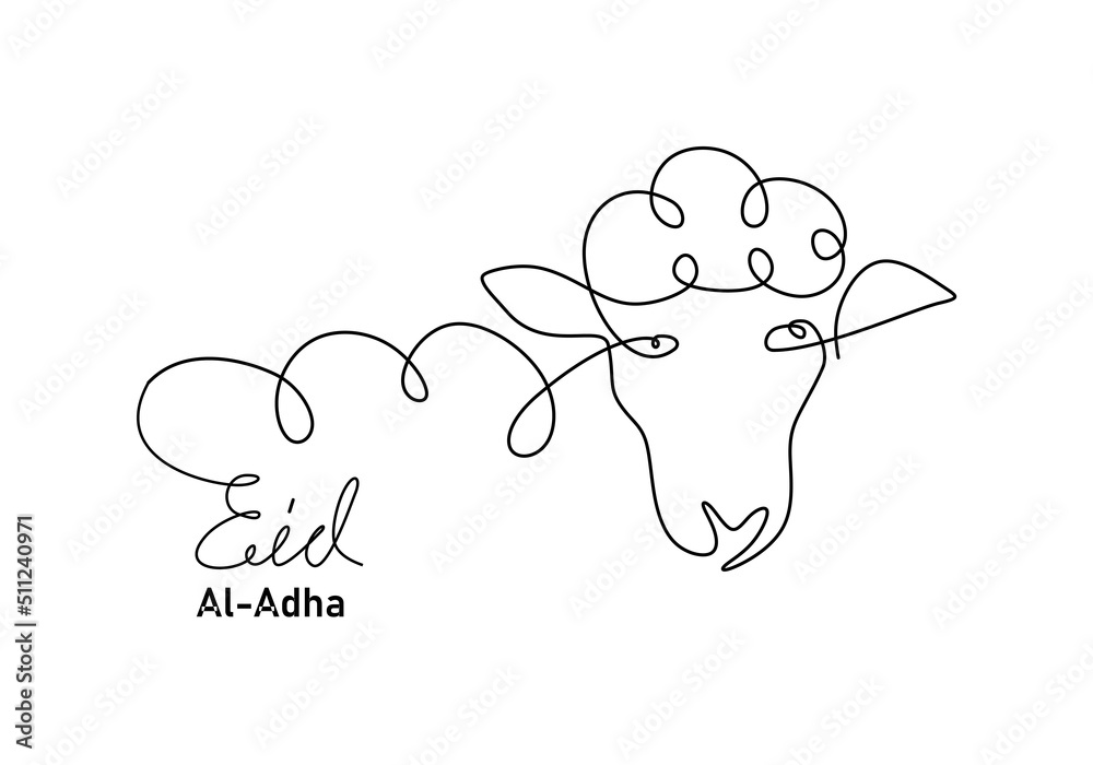 Wall mural One continuous single line hand drawing of eid al adha background with cute goat sheep head isolated on white background.