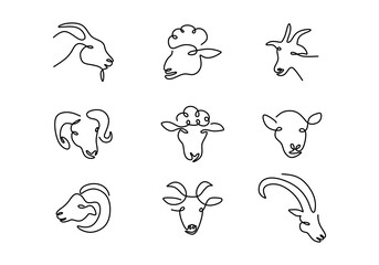 One continuous single line hand drawing of nine goat sheep heads isolated on white background.