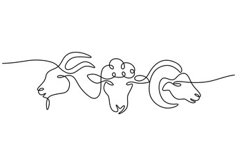 One continuous single line hand drawing of three goat sheep heads isolated on white background.