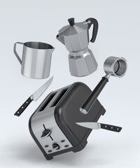 Toaster, coffee machine horn and geyser coffee maker on white background.
