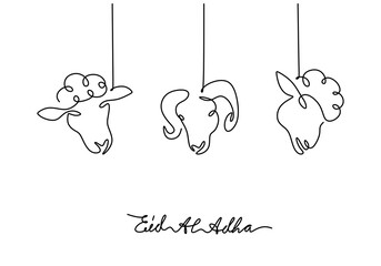 One continuous single line hand drawing of eid al adha background with three goat sheep heads isolated on white background.