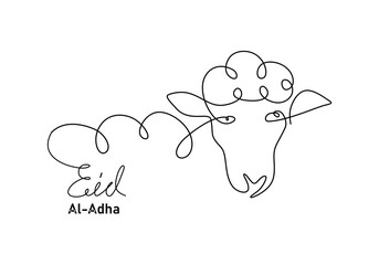 One continuous single line hand drawing of eid al adha background with cute goat sheep head isolated on white background.