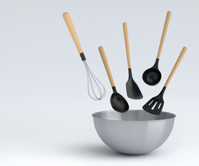 Metal bowl with kitchen utensil for preparation of dough on white background.