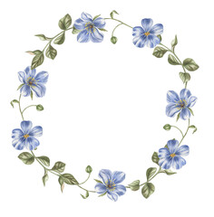 Watercolor delicate flower wreath of blue flowers. The illustration is hand drawn.