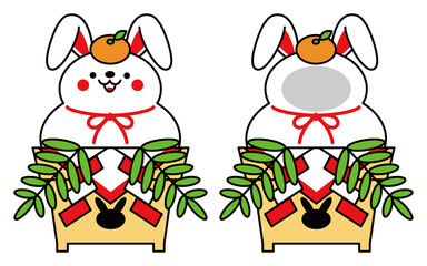 卯年 年賀状素材 可愛いうさぎの鏡餅 顔はめパネル イラスト セット ベクター