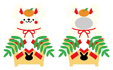 卯年 年賀状素材 可愛いうさぎの鏡餅 顔はめパネル イラスト セット ベクター