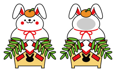 卯年 年賀状素材 可愛いうさぎの鏡餅 顔はめパネル イラスト セット ベクター