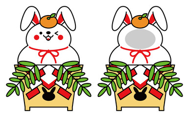卯年 年賀状素材 可愛いうさぎの鏡餅 顔はめパネル イラスト セット ベクター