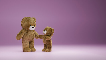 Couple of brown teddy bears on pink background, 3d rendering