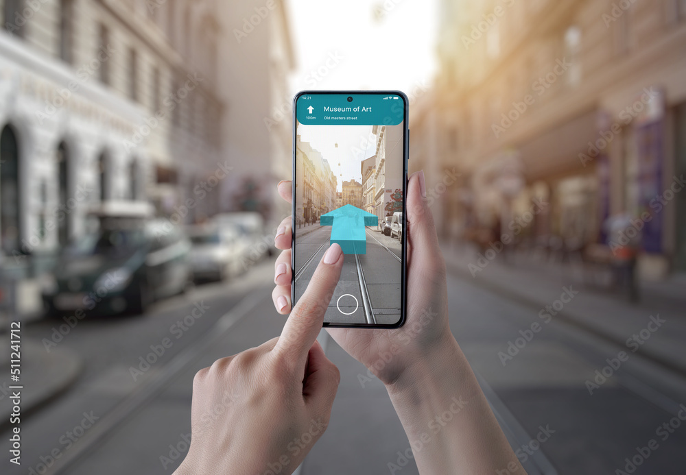 Wall mural use 3d navigation to find museum on mobile phone. the concept of augmented reality technology