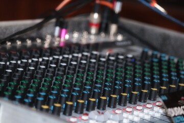audio mixer console colour Background  greens and blues 