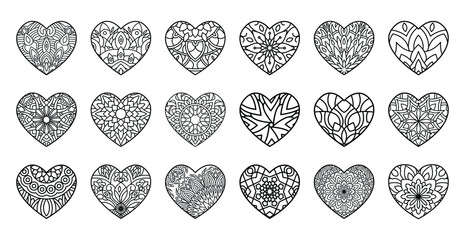 Hand drawn set of hearts mandala zentangle style isolated on white background