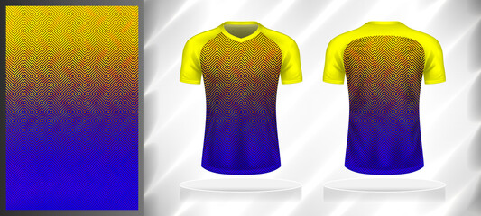 Vector sport pattern design template for T-shirt front and back view mockup. Yellow-blue color gradient geometric line texture background illustration.