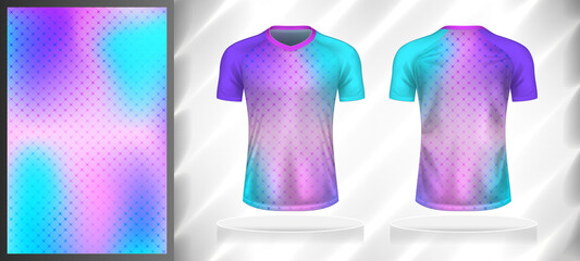Vector sport pattern design template for T-shirt front and back view mockup. Pink-blue sky-purple color gradient grid line texture background illustration.