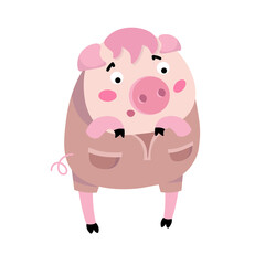 Sad funny pig in fashionable overalls. Animals in clothes on white background. Isolated picture. Vector color illustration in cartoon style. Picture for design.