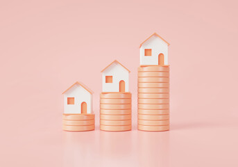 Coins stack and home on pink pastel background. Business loans for real estate concept. residential finance economy. house mortgage, home property investment. Saving money. 3D rendering illustration