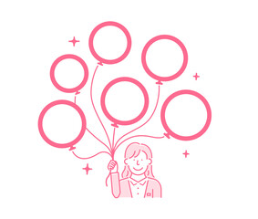 Vector illustration of businesswoman with many balloons (design space inside balloons)