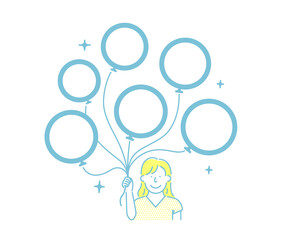 Vector illustration of young woman with many balloons (design space inside balloons)