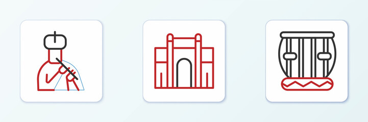 Set line Instrument tabla, Indian man plays flute and Gate in Delhi icon. Vector © vector_v