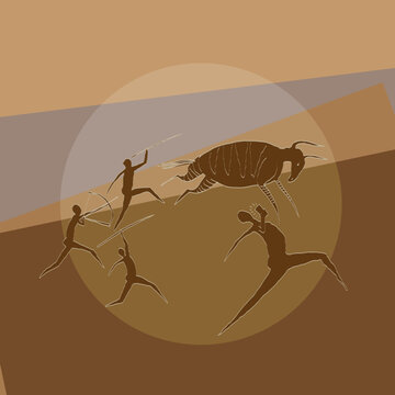 Vector illustration of a prehistoric hunters. One of them making selfie in front of a hunt	