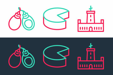 Set line Montjuic castle, Castanets and Cheese icon. Vector