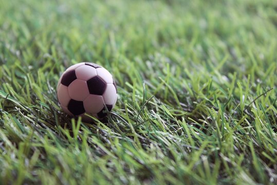 Close up image of soccer ball on soccer field. Selective focus. Copy space.