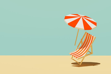Concept of summer vacation, travel. Deck chair with umbrella levitating on pastel blue background....