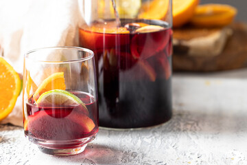 Glass of Samgria, Spanish drink made with wine and fruit.