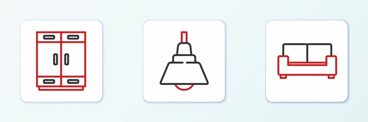 Obraz premium Set line Sofa, Wardrobe and Chandelier icon. Vector