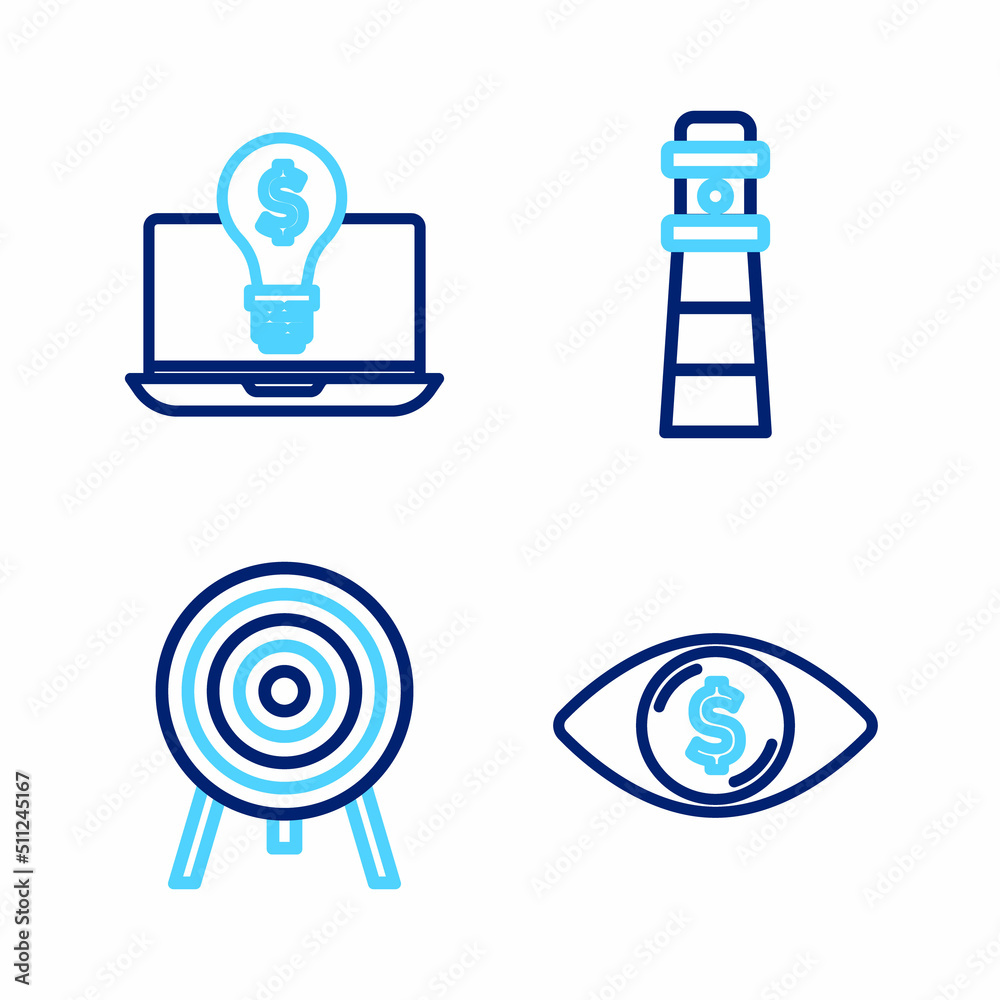 Wall mural set line eye with dollar, target, lighthouse and bulb on laptop icon. vector