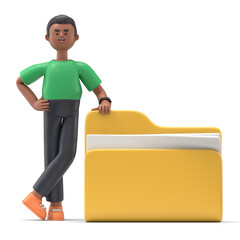 3D illustration of smiling african american man David   holding a folder with file or documents and smiling. 3D rendering on white background.
