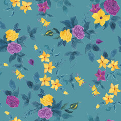 Watercolor painting seamless pattern with vintage rose and small  flowers 