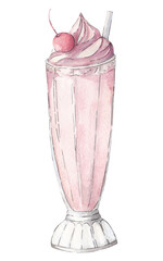 Watercolor illustration of berry milk ice cream in a tall glass with a cherry on top on a white background.