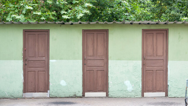 Puertas de madera de trasteros verdes en jard&iacute;n