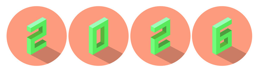 New Year green color 2026 in light salmon color circle design. Isometric style.