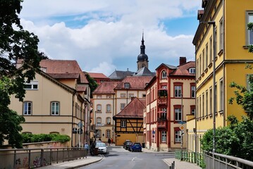 Bamberg, Altstadthäuser mit Kirchturm St. Jakob