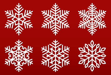 Naklejka na ściany i meble Set vector snowflakes. Collection of snowflake winter decoration. Isolated on red background