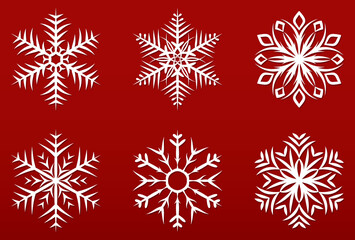 Set vector snowflakes. Collection of snowflake winter decoration. Isolated on red background