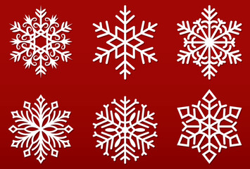 Set vector snowflakes. Collection of snowflake winter decoration. Isolated on red background