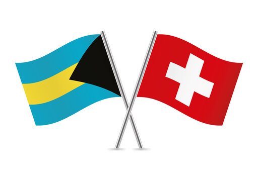 Bahamas and Switzerland crossed flags. Bahamian and Swiss flags on white background. Vector icon set. Vector illustration. 