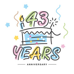 43 Years Anniversary handwritten typography lettering Greeting card with colorful big cake, sparkle firework, number, candle and confetti