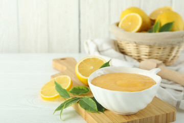 Concept of tasty food with lemon curd, space for text