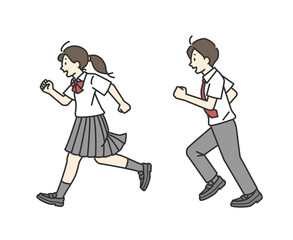 走っている男子学生と女子学生のイラスト（夏服）