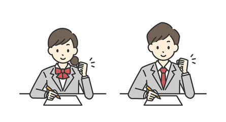Fototapeta premium 勉強している男子学生と女子学生のガッツポーズのイラスト